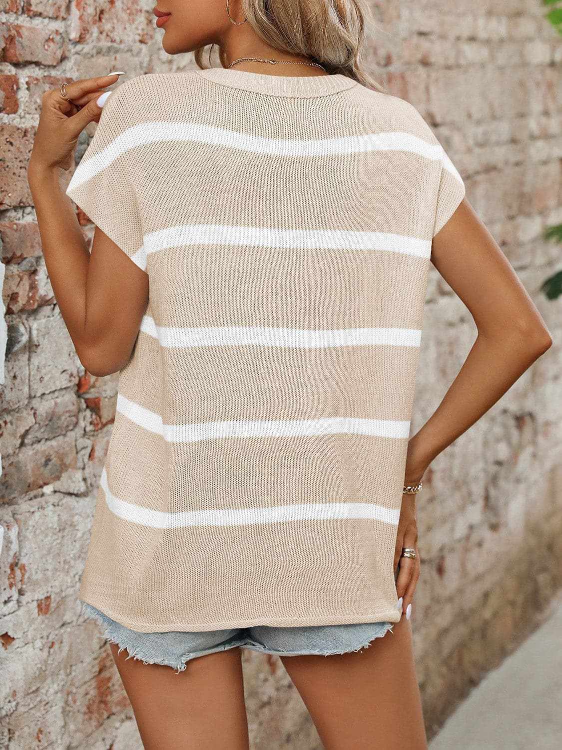 Chic striped knit top - round neck, short sleeves - Love Salve